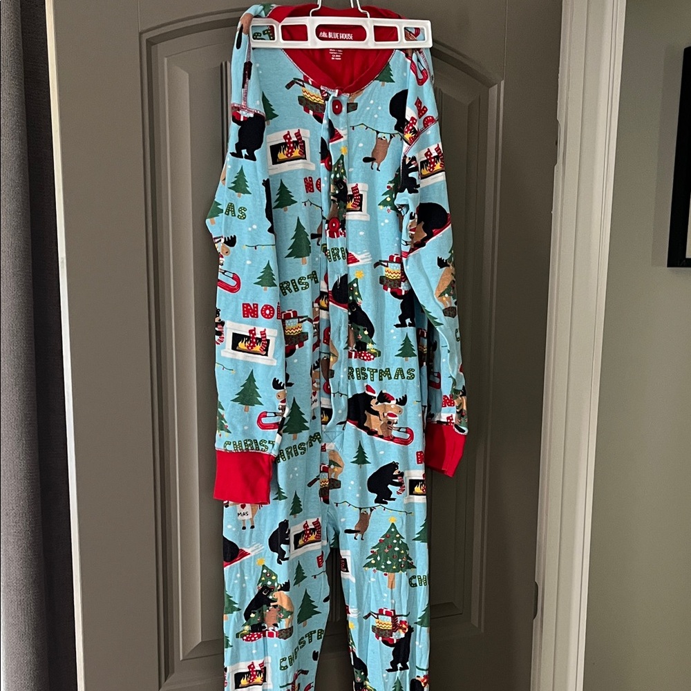 Blue Christmas Onesie with Red Accents